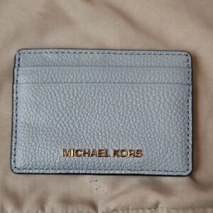 Michael Kors Light Blue Pebbled Leather Card Holder with Gold Logo